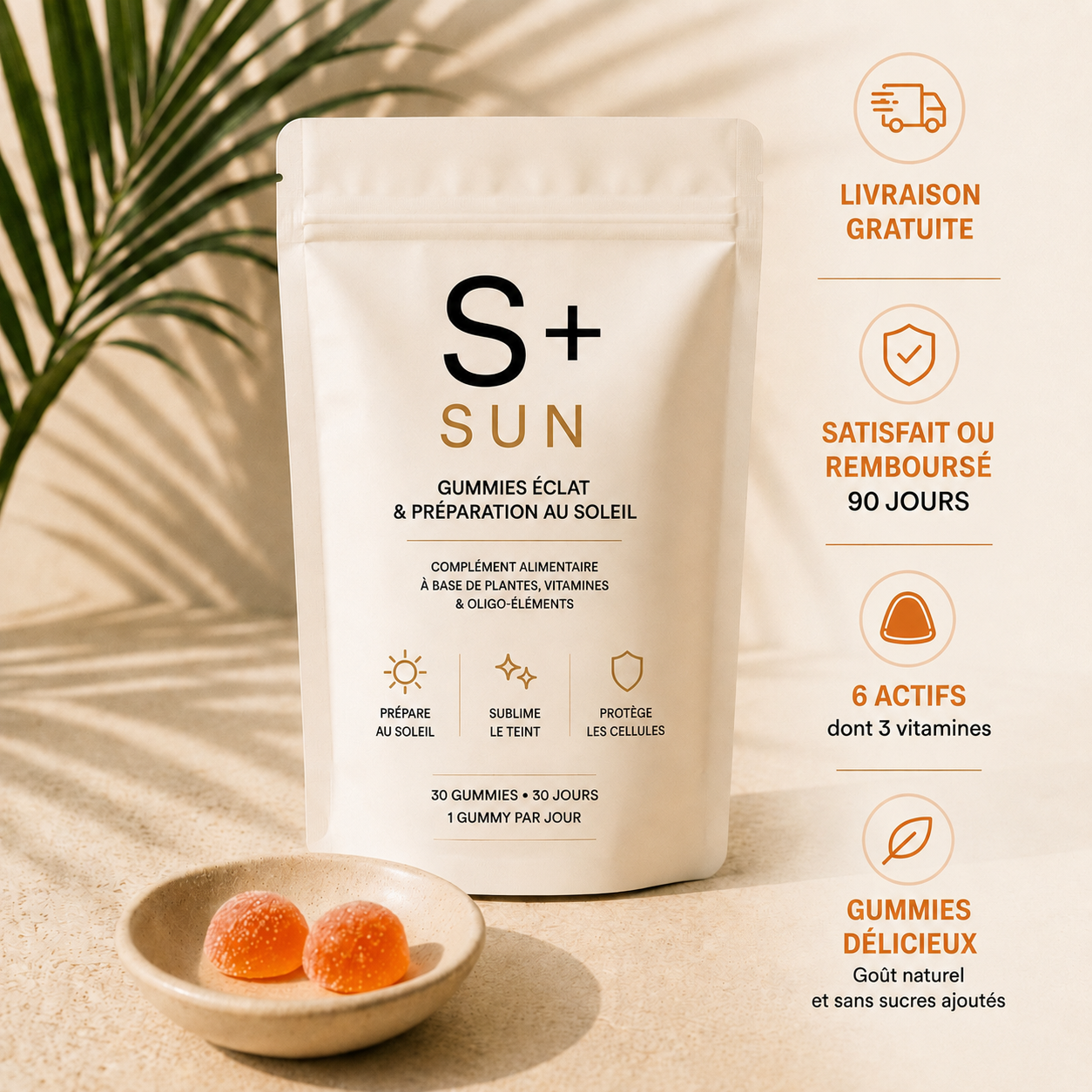 S+ SUN Glow & Sun Prep Gummies pouch with benefits and orange gummies