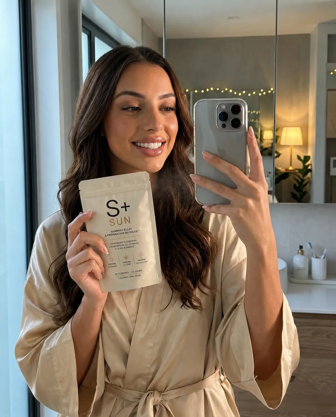 S+ customer's mirror selfie with the S+ SUN pouch