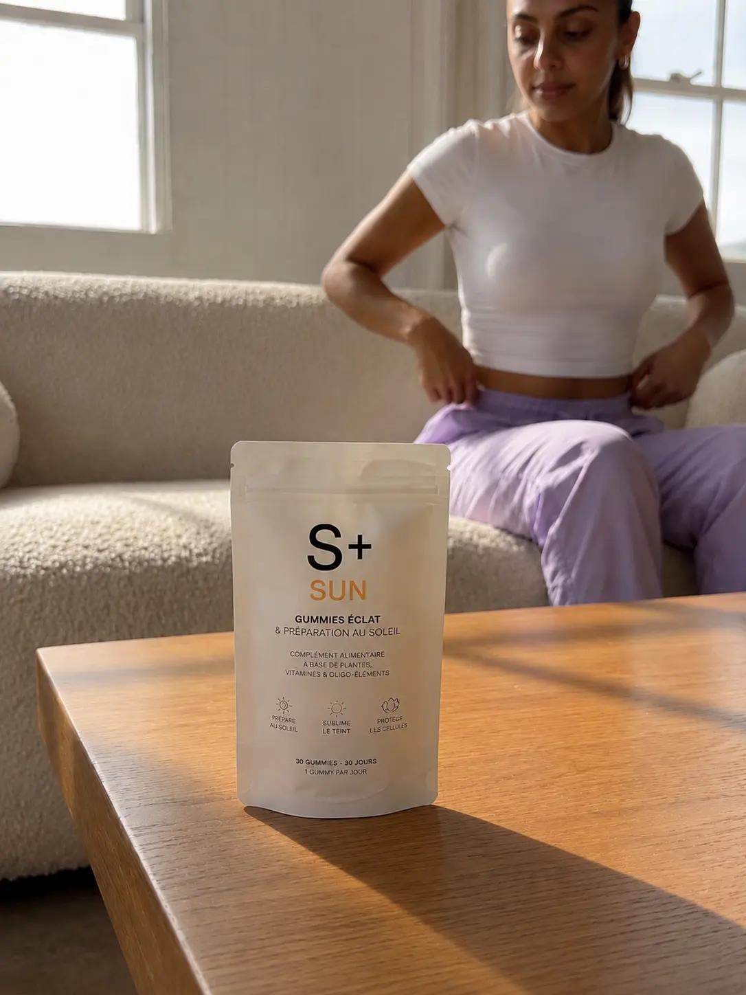 S+ SUN pouch placed on a coffee table