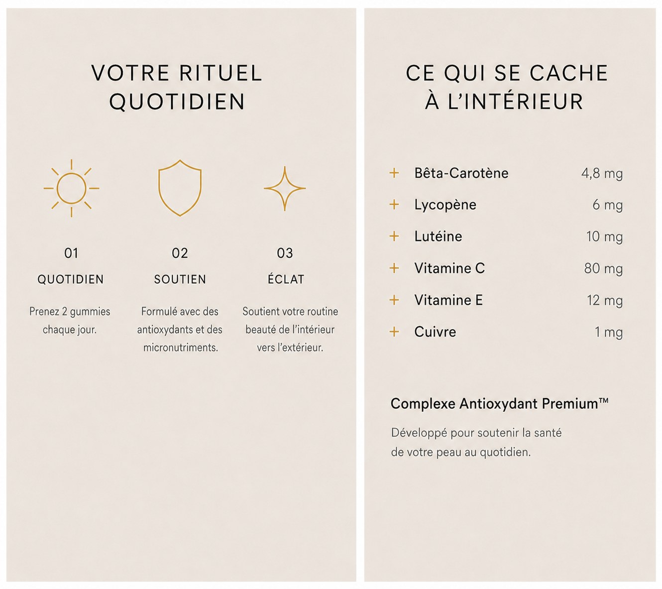 Le rituel quotidien S+ SUN et sa composition : bêta-carotène, lycopène, vitamine E, zinc